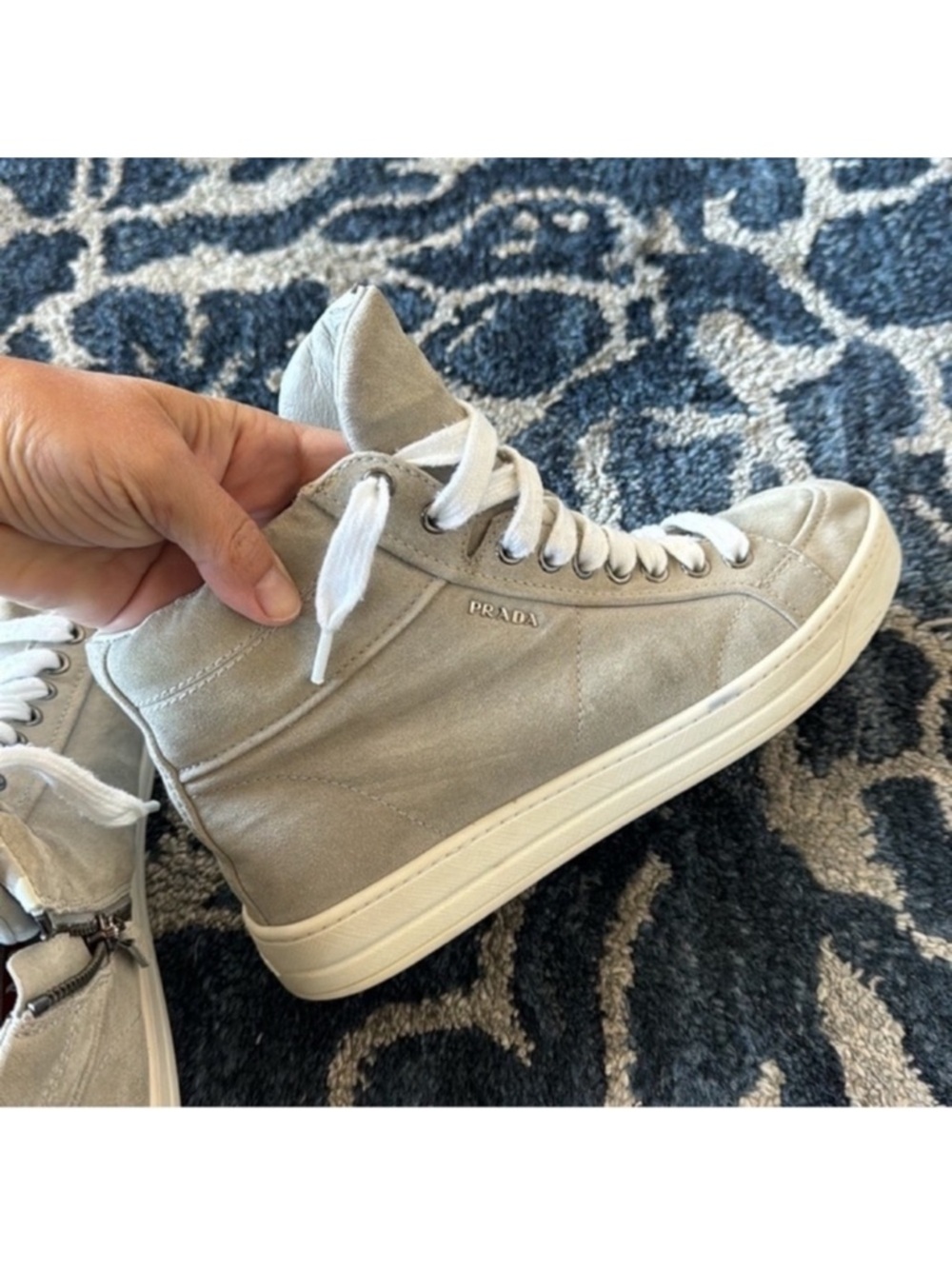 Prada Suede Leather High Top Sneakers Sz 6/36.5 Gray Logo Lace up Side Zipper - Picture 15 of 15